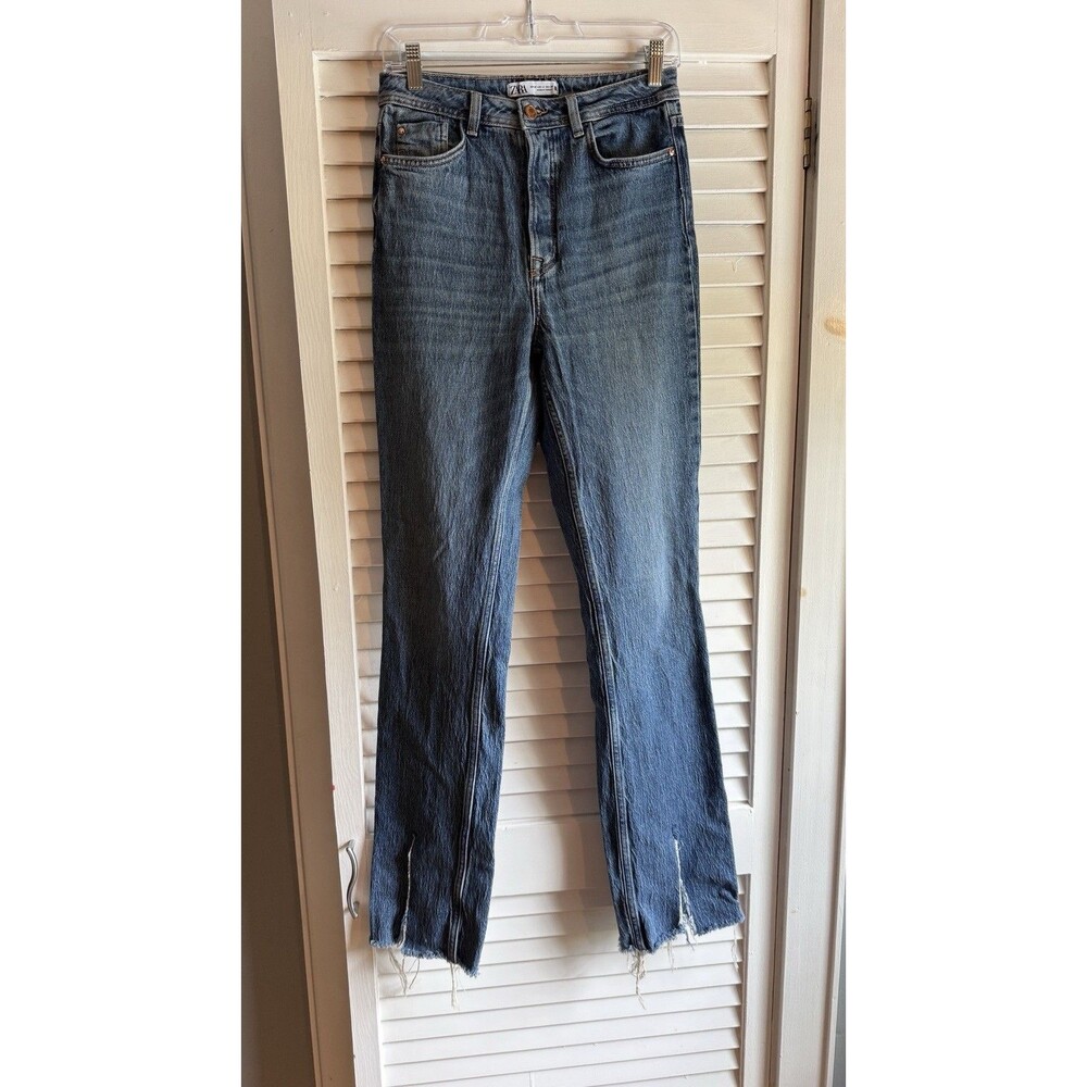 Zara Women's Frayed Split Hem High Rise Straight Blue Denim Jeans Pants 4 Edgy